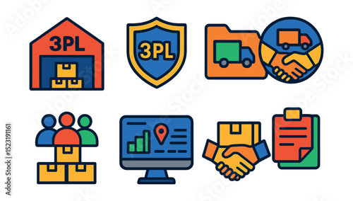 Flat vector icons of third-party logistics (3PL): 3PL warehouse icon, fulfillment service badge, outsourced logistics folder, partner carrier logo, multi-client storage symbol, 3PL dashboard screen,