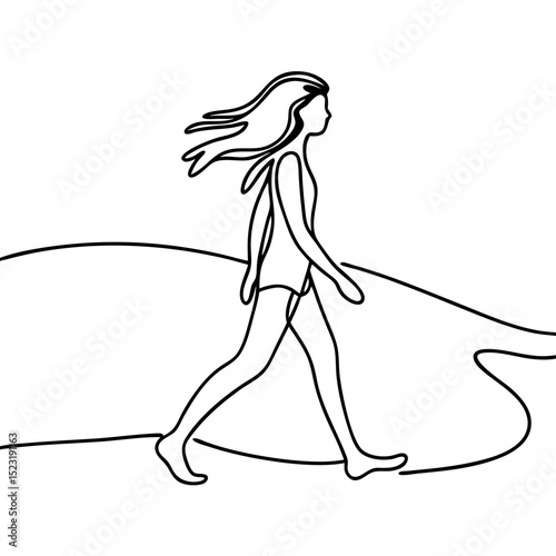 Girl walking on beach shore. Summer vacation scene with young woman strolling along sandy coast.  Relaxing beach walk concept image for travel brochures, postcards, or website banners.