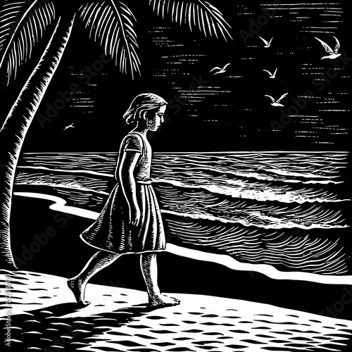 Girl walking beach at night. Young girl in dress strolling along sandy shore under palm trees. Ocean waves and flying birds create serene evening scene.