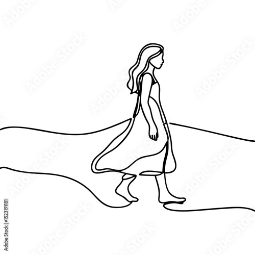 Girl walking along beach in simple line art style.  Young woman in dress strolling seaside enjoying summer day.  Relaxing beach scene perfect for travel blog or postcard design.