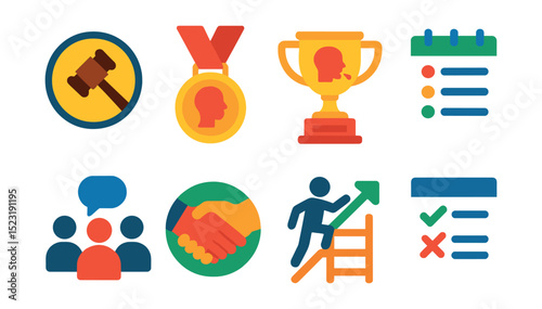 Flat vector icons of public speaking organizations and clubs: Toastmasters gavel badge, speaker certification medal, speech contest trophy, club meeting schedule, public speaking community icon,