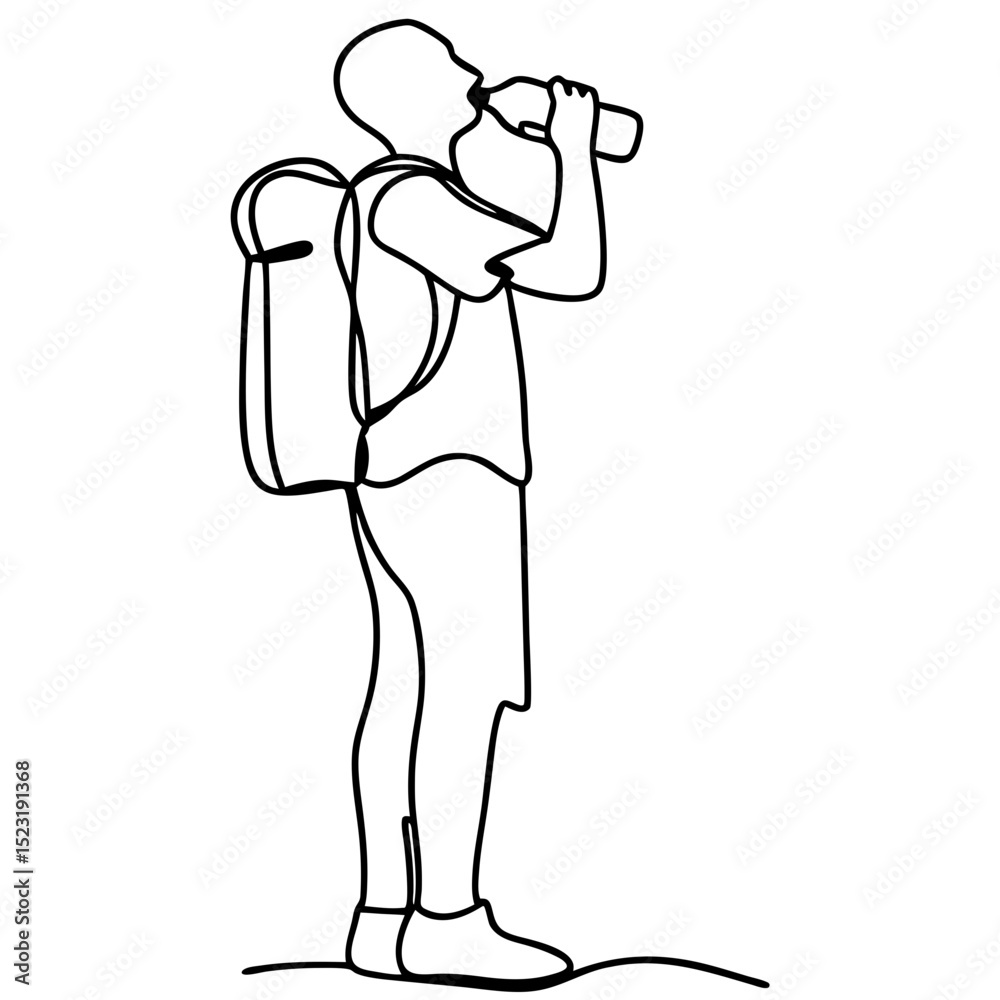 Obraz premium Hiker drinking water from bottle. Person with backpack quenches thirst during hike. Line art illustration perfect for travel blogs, outdoor apparel ads, and fitness websites.