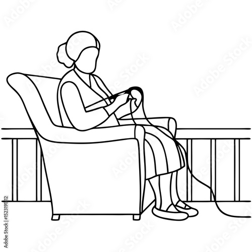 Grandmother knitting on porch in armchair. Elderly woman enjoys relaxing hobby outdoors.  Peaceful retirement scene of senior citizen knitting yarn.