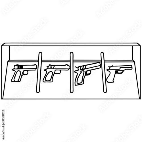 Gun rack with multiple firearms for safe storage. Secure gun rack design for home protection, showcasing four handguns neatly organized.  This gun rack provides safe and organized handgun storage,