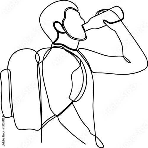 Hiker drinking water from bottle. Person with backpack quenches thirst during hike. Refreshing hydration concept for travel blogs and outdoor advertisements.