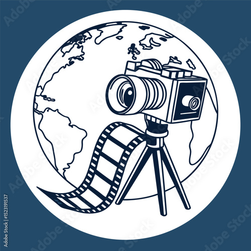 Global photography camera film reel and world icon