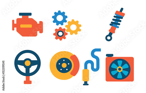 Flat vector icons of car components and systems: engine block icon, transmission gear set, suspension strut symbol, steering wheel shaft, brake disc badge, exhaust system tube, radiator fan unit,