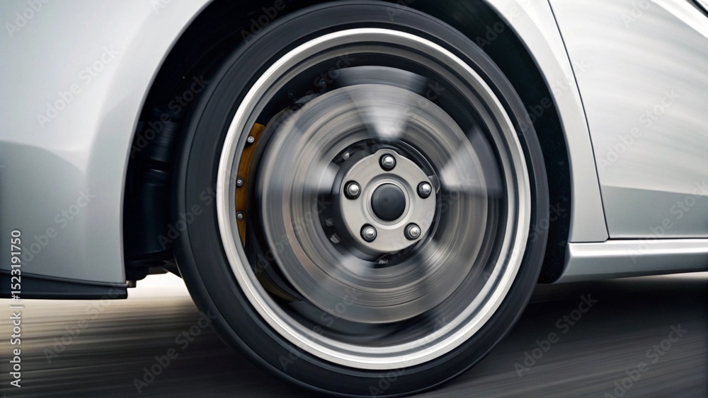 Fototapeta premium A dynamic close-up of a spinning car wheel with a silver rim and a fast-moving brake disc, conveying motion and speed from a low angle