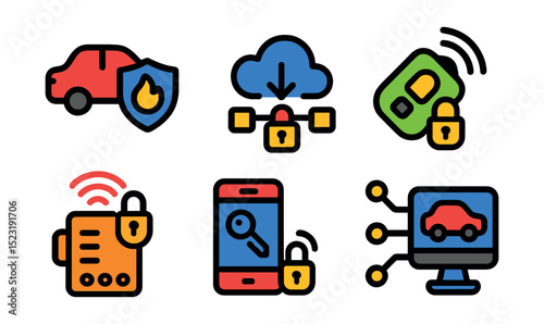 Flat vector icons of automotive cybersecurity and connectivity: vehicle firewall shield, encrypted CAN bus icon, OTA software update cloud, secure key fob signal, wireless ECU lock, digital key app,