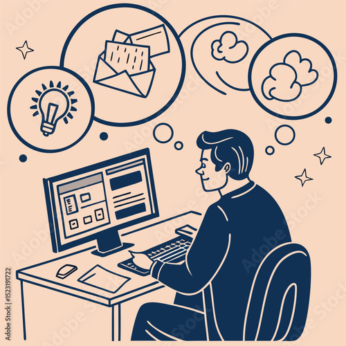 Man working on computer ideas and emails productivity illustration