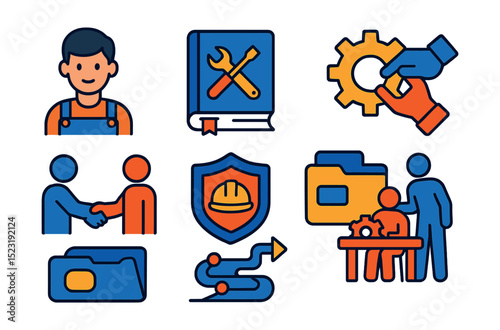 Flat vector icons of apprenticeship and vocational learning: student in overalls, trade school book, mentor and apprentice handshake, hands-on training gear, safety training badge, career path
