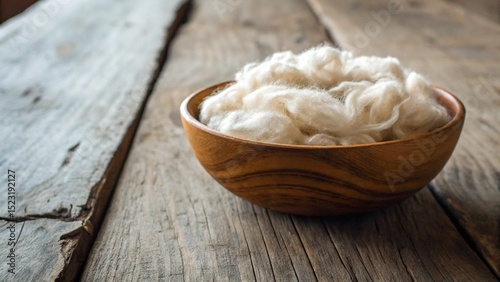 A rustic wooden bowl filled with soft, fluffy white 'Cotton Wool Mattress' or raw cotton fibers, placed on a weathered wooden table photo