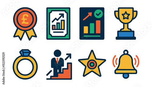 Flat vector icons of leadership and executive rewards: executive bonus badge, stock option certificate, performance incentive report, board recognition trophy, leadership milestone ring, high-level