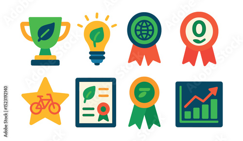 Flat vector icons of sustainability and eco-conscious recognition: green initiative trophy, energy saver award, eco-ambassador badge, zero waste milestone ribbon, bike-to-work star, sustainability