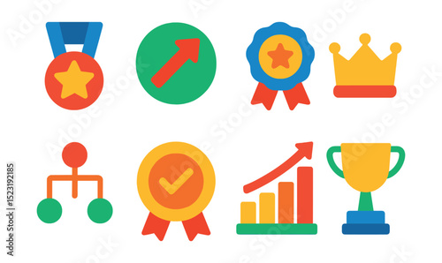 Flat vector icons of leadership and initiative recognition: leadership star badge, initiative icon with arrow, proactive behavior ribbon, team lead crown, decision-making chart, ownership token coin,