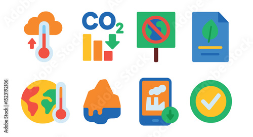 Flat vector icons of climate action and awareness: climate change thermometer, CO2 reduction chart, climate strike placard, sustainability report file, global temperature icon, ice melting symbol,