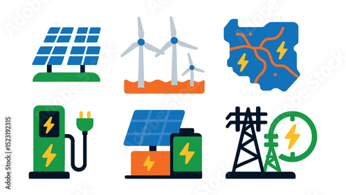Flat vector icons of renewable energy infrastructure: solar farm panel rows, offshore wind farm icon, green energy grid map, hydrogen power tank, EV charging station, solar battery bank, renewable