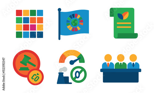 Flat vector icons of policy and global sustainability goals: sustainable development goals grid, UN SDG flag, climate agreement scroll, green policy document, eco legislation stamp, emissions cap