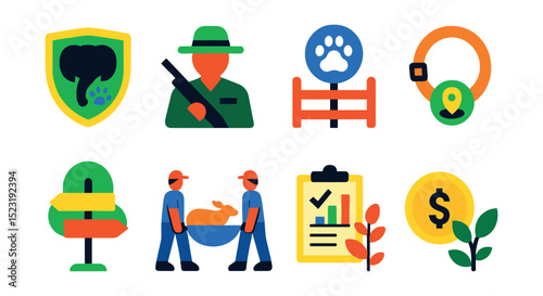Flat vector icons of wildlife conservation: endangered species badge, anti-poaching patrol icon, protected area fence, animal tracking collar, habitat signpost, wildlife rescue team, species recovery
