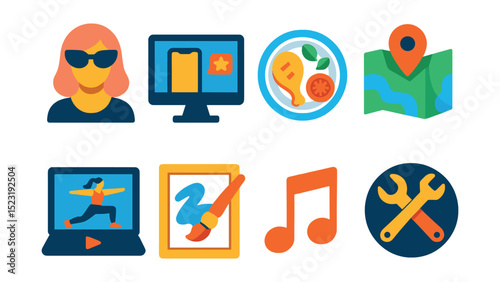 Flat vector icons of niche content categories: fashion creator icon, tech review screen, food vlog plate, travel blogger map, fitness video routine, art process timelapse, music content note, DIY