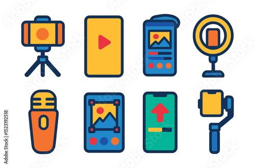 Flat vector icons of mobile content creation: smartphone with tripod icon, vertical video frame, mobile editing app screen, selfie ring light, on-the-go voice recorder, mobile thumbnail editor,