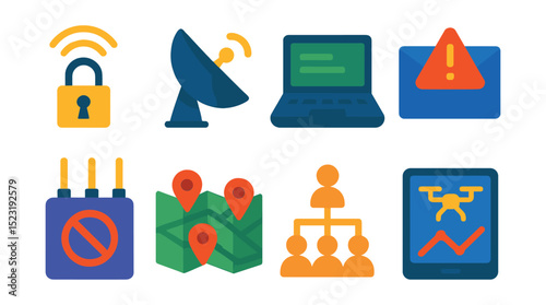 Flat vector icons of communication and intel: encrypted radio signal, satellite dish icon, field laptop terminal, intercepted message alert, signal jammer box, map with red pins, command chain chart,