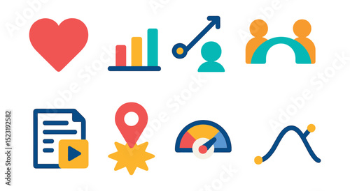 Flat vector icons of emotional impact and storytelling: heart reaction icon, emotional response bar, storytelling timeline, audience connection bridge, content resonance symbol, memorable moment