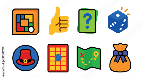 Flat vector icons of family-centered holiday games: board game box icon, charades hand gesture, trivia card deck, dice roll moment, guessing hat badge, bingo sheet, scavenger hunt map, prize bag with