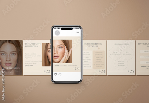 Minimalist Instagram carousel template for beauty bloggers, 10 customizable PSD post layout in neutral tones for skincare tips and product promotion on social media