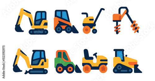 Flat vector icons of compact construction machines: mini excavator icon, compact track loader, walk-behind roller, skid steer with auger, mini backhoe loader, compact utility loader, ride-on trench
