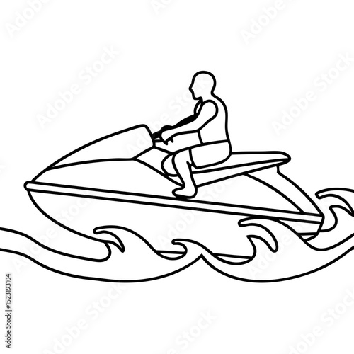 Person jet skiing on water.  Summer water sport activity shows person enjoying jet ski ride. Exciting jet ski adventure perfect for travel brochures, summer vacation ads, and sporting goods catalogs.
