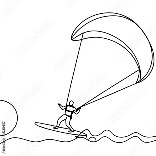 Kitesurfing on ocean waves under setting sun. Kitesurfer enjoys extreme sport, riding waves with kite. Kitesurfing illustration for travel brochure, sports magazine, or website.