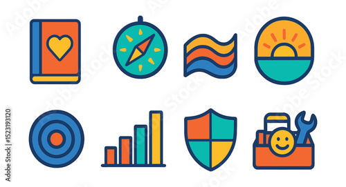 Flat vector icons of positive psychology and happiness: gratitude journal icon, strengths compass, flow state wave, optimism sunrise badge, kindness ripple circle, happiness bar chart, character