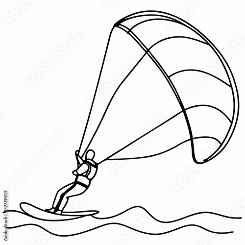 Kitesurfing on ocean waves. Person kitesurfing enjoys summer water sport. Action kitesurfing scene for travel blogs and adventure magazines.