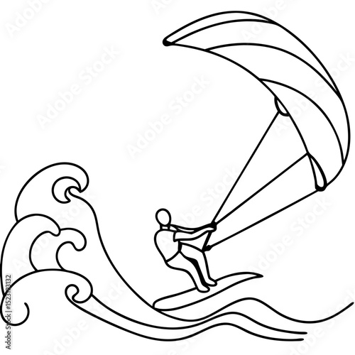 Kitesurfing illustration showing person on board with kite over ocean waves. Kitesurfing image depicts active lifestyle and water sports. This kitesurfing drawing is perfect for brochures, websites,