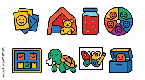 Flat vector icons of psychological resilience in children: coping skill cards, safe space corner, calm-down jar icon, feelings wheel chart, encouraging words board, deep breathing animal, mindful