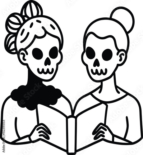 Spooky Sisterhood Skeletons Reading Books Line Art