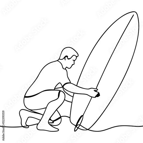 Man cleaning surfboard on beach sand. Surfer kneeling, carefully cleaning his surfboard after surfing session.  This image of man maintaining his surfboard is perfect for blogs,