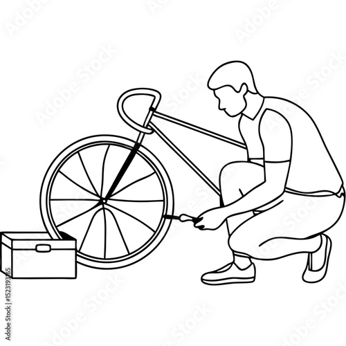 Man repairing bicycle tire. Cyclist fixing bike wheel with pump.  Bicycle maintenance concept for repair shop advertisement.