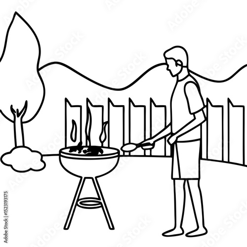 Man grilling food in backyard. Summer barbecue preparation includes grilling meat and vegetables on charcoal grill.  Relaxing summer concept for family gathering or outdoor party.