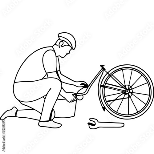 Man repairing bicycle outdoors. Person kneeling near bicycle fixing wheel.  Bike repair concept image for blogs and websites.