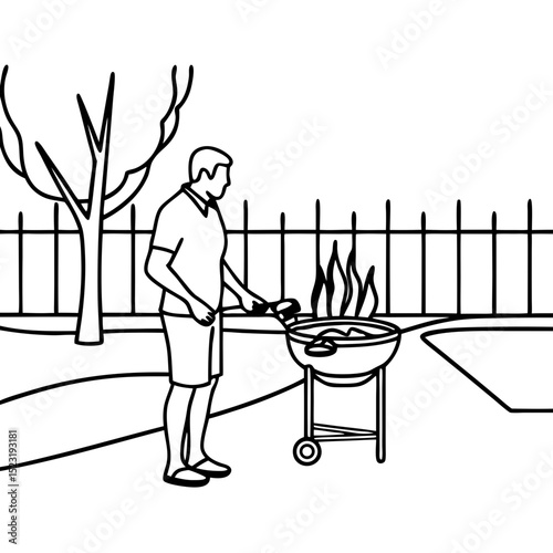 Man grilling in backyard, enjoying summer barbecue party.  Grilling meat and vegetables on charcoal grill.  Perfect illustration for cookbooks, blogs, or barbecue websites.