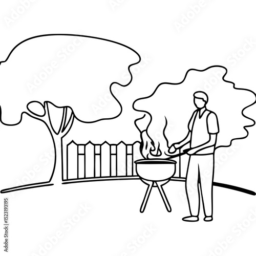 Man grilling in backyard during summer barbecue. Summer grilling scene features man cooking food on grill in garden. Backyard barbecue illustration perfect for cookbooks, greeting cards, and websites.