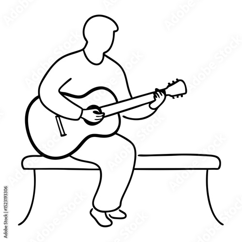 Man playing acoustic guitar on park bench. Musician serenades passersby with soulful melodies.  Simple line drawing of man playing guitar ideal for music blogs, album art, or website design.