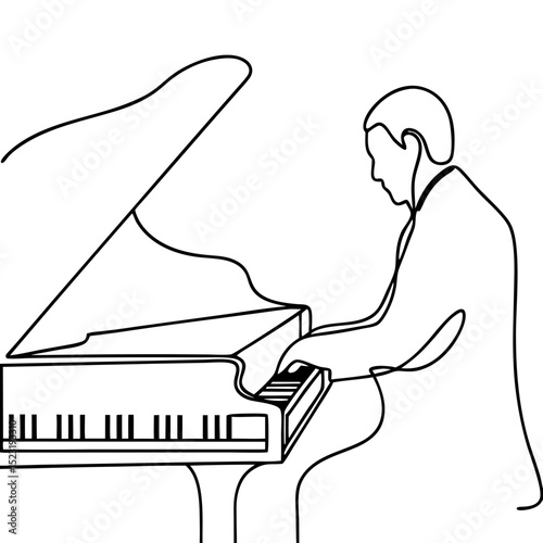 Man playing grand piano. Elegant musician performing classical music at concert.  Solo pianist playing on stage. This image is perfect for concert posters, music programs,