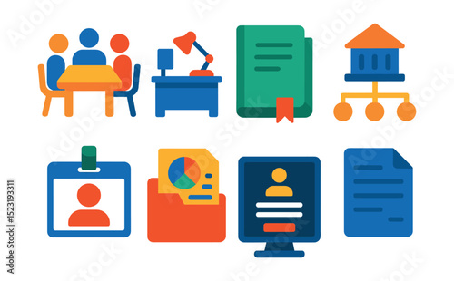 Flat vector icons of higher education administration: faculty meeting table, registrar office desk, academic policy folder, university governance chart, department chair badge, institutional research