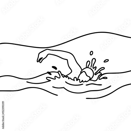 Man swimming freestyle in lake water.  Person enjoys summer swimming recreation in calm lake.  Active man swims in serene lake. This serene lake swimming scene is perfect for travel brochures,