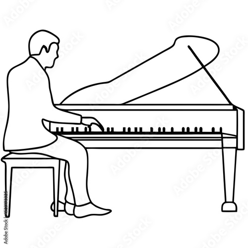 Man playing grand piano. Musician sits at musical instrument. Elegant pianist performs classical music. This image is perfect for concert posters, music school brochures, or album covers.