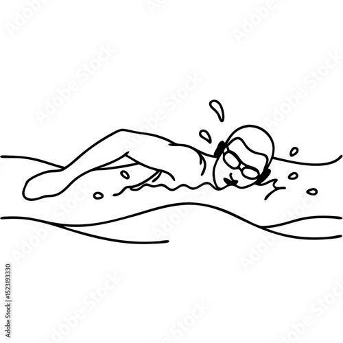 Man swimming freestyle in lake.  Water sports activity shows person swimming with goggles and headphones.  Lake swimming is relaxing activity for fitness and wellness.