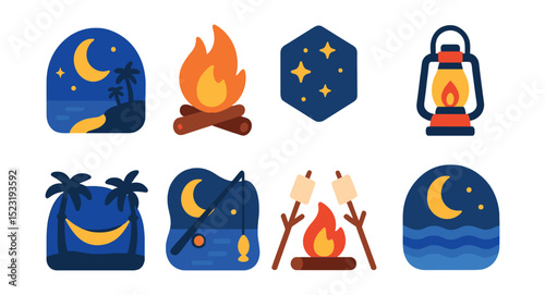 Flat vector icons of beach night time leisure: moonlit shore icon, campfire with logs, starry sky badge, glowing lantern, beach hammock at night, night fishing rod, bonfire marshmallows, ocean waves